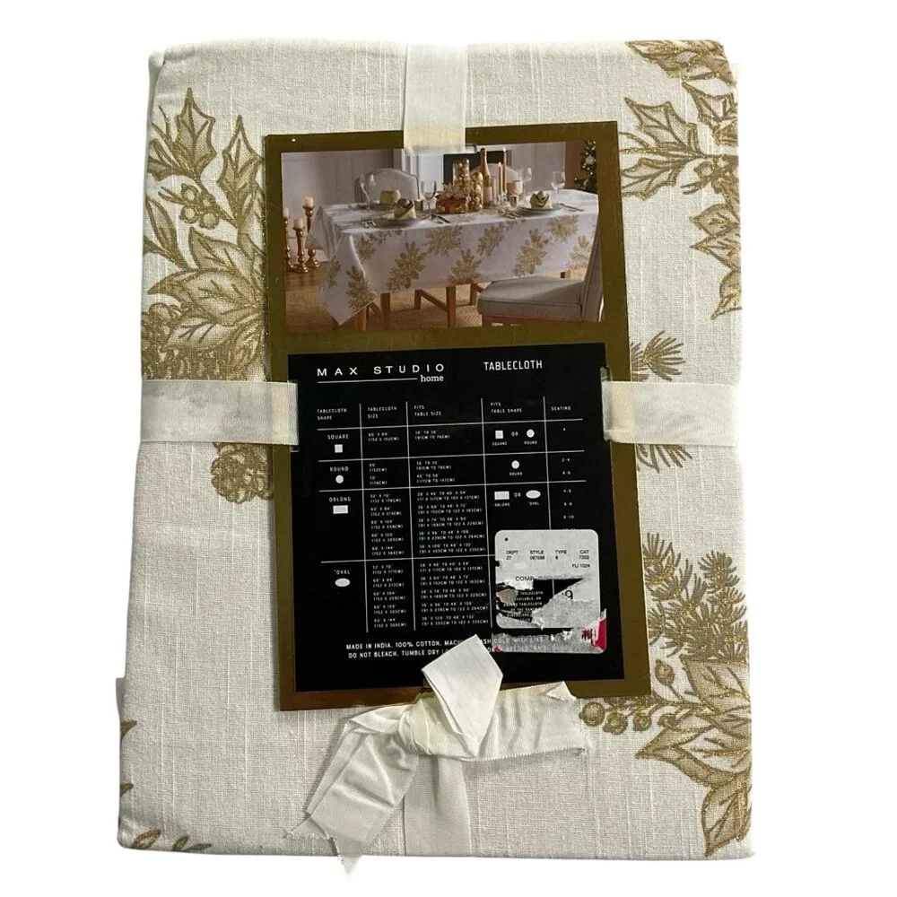 Max Studio Tablecloth Ivory Metallic Gold Holly Berry Leaves Oblong 60x8 Holiday